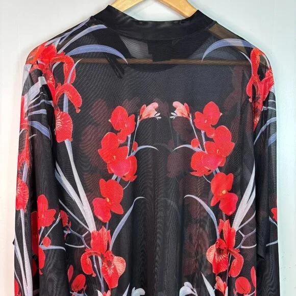 City Chic Bodysuit XXL Women's 24 Black Red Floral Sheer Mesh Mock Neck Stretch - Picture 5 of 8
